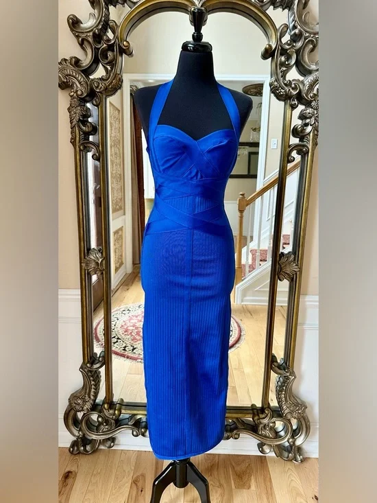Fashion Nova Cobalt Blue Halter Midi Bandage Dress Size M - Picture 1 of 8